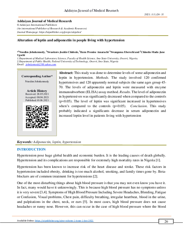 (PDF) Alteration of leptin and adiponectin in people living with ...