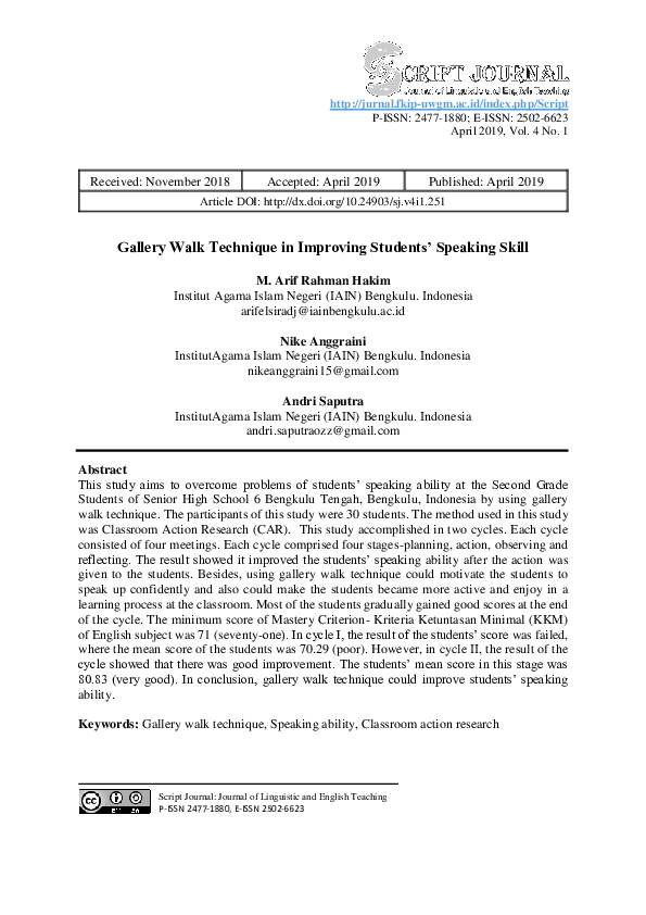 (PDF) Gallery Walk Technique to Improve Students’ Speaking Skill ...