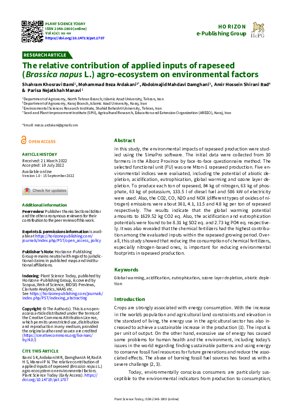(PDF) Environmental impacts of canola (Brassica napus L.) production in