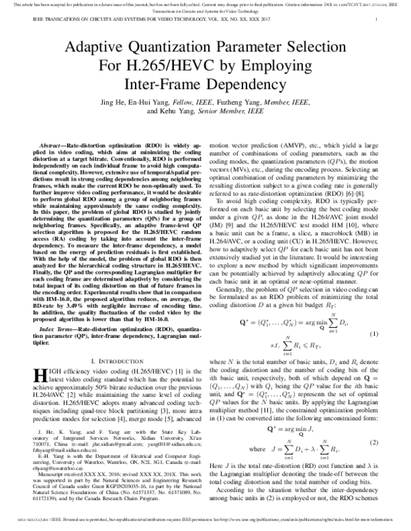 (PDF) Adaptive Quantization Parameter Selection For H.265/HEVC by ...