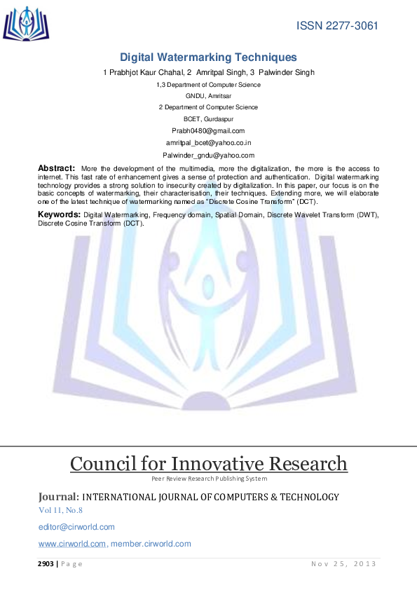 (PDF) Digital Watermarking Techniques