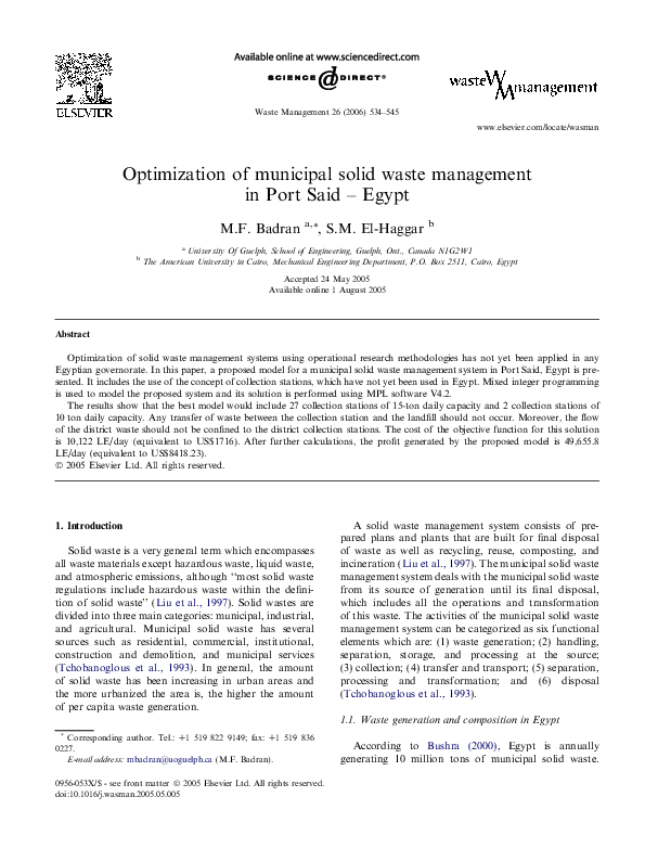 (PDF) Optimization of municipal solid waste management in Port Said – Egypt