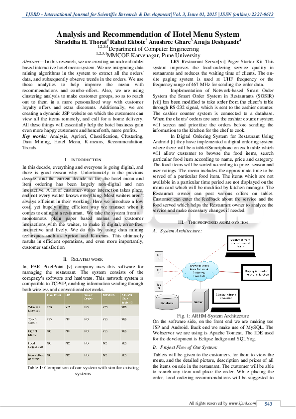 (PDF) Analysis and Recommendation of Hotel Menu System
