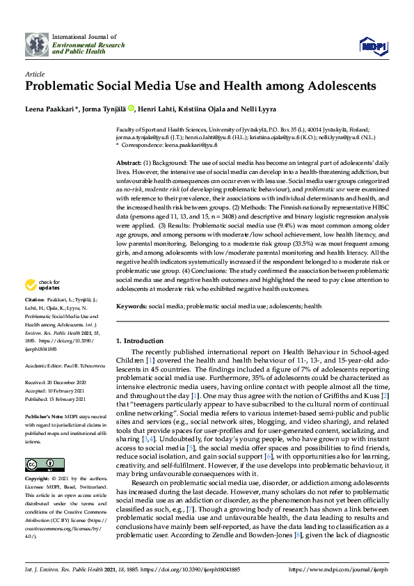 (PDF) Problematic Social Media Use and Health among Adolescents