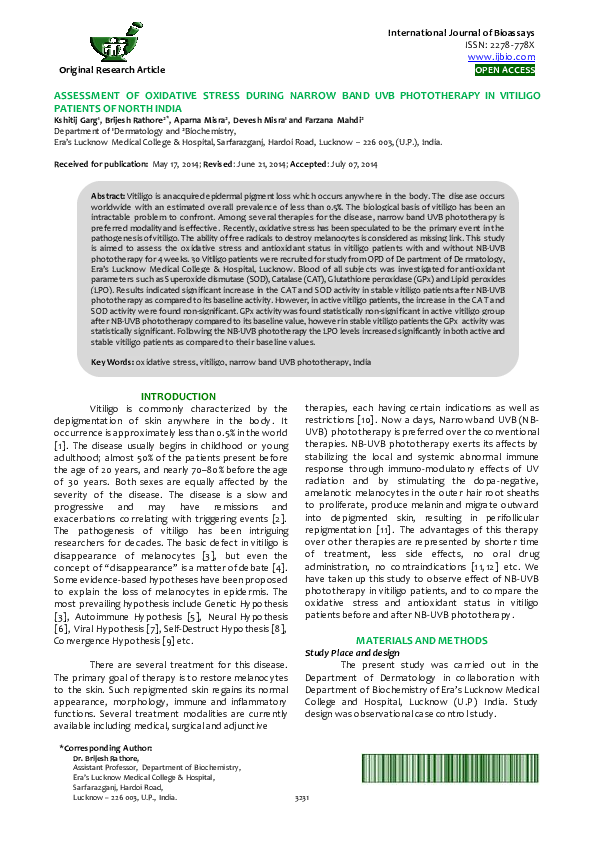 (PDF) Assessment of Oxidative Stress During Narrow Band Uvb ...