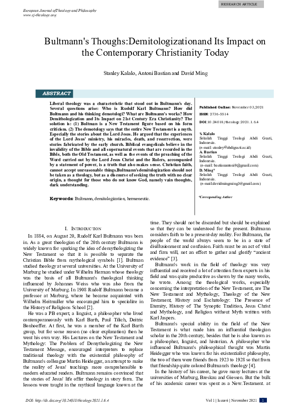(PDF) Bultmann's Thoughs:Demitologizationand Its Impact on the ...