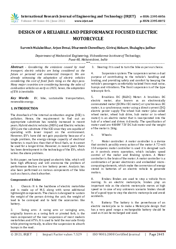 (PDF) DESIGN OF A RELIABLE AND PERFORMANCE FOCUSED ELECTRIC MOTORCYCLE