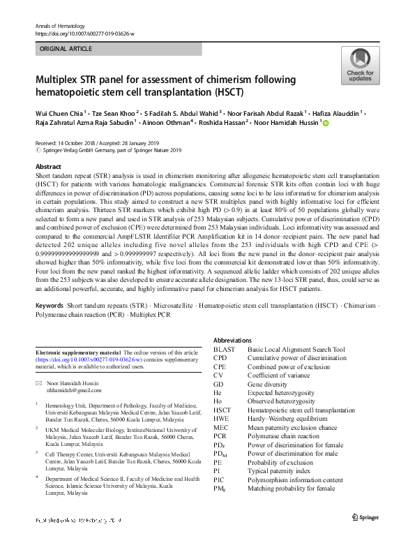 (PDF) Multiplex STR panel for assessment of chimerism following ...