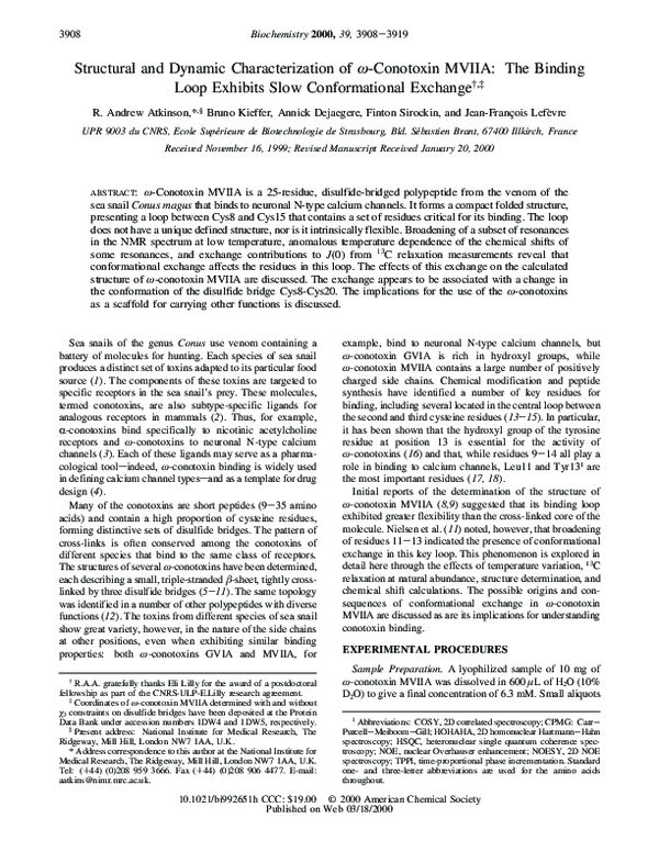(PDF) Structural and Dynamic Characterization of ω-Conotoxin MVIIA: The ...