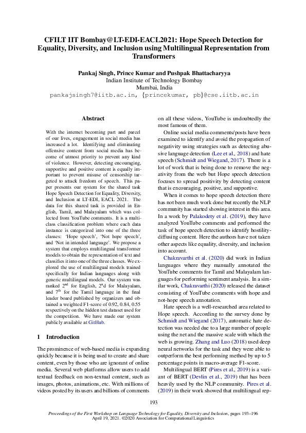 (PDF) CFILT IIT Bombay@LT-EDI-EACL2021: Hope Speech Detection for ...