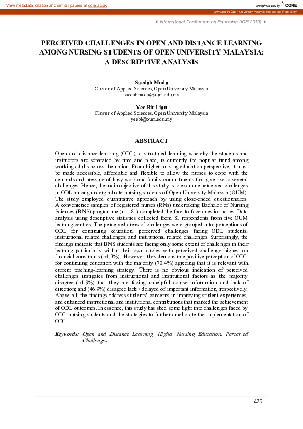 (PDF) Perceived challenges in open and distance learning among nursing ...