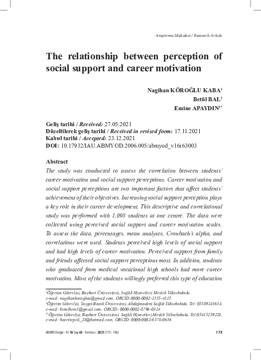 (PDF) The Relationship Between Perception of Social Support and Career ...