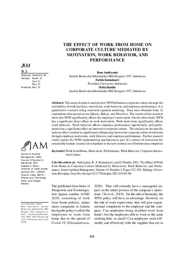 (PDF) The Effect of Work from Home on Corporate Culture Mediated by ...