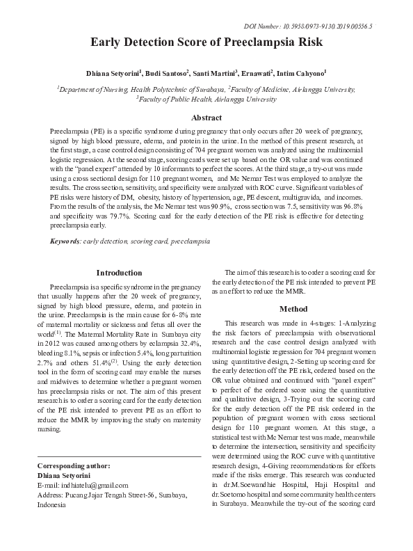 (PDF) Early Detection Score of Preeclampsia Risk