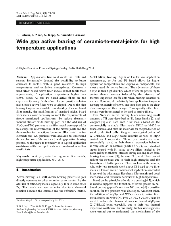 (PDF) Wide gap active brazing of ceramictometaljoints for high
