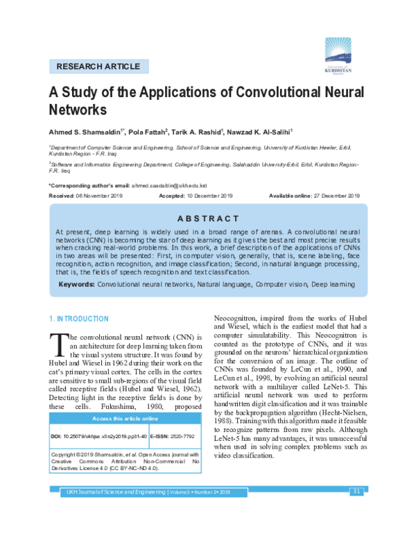 (PDF) The Study of The Convolutional Neural Networks Applications