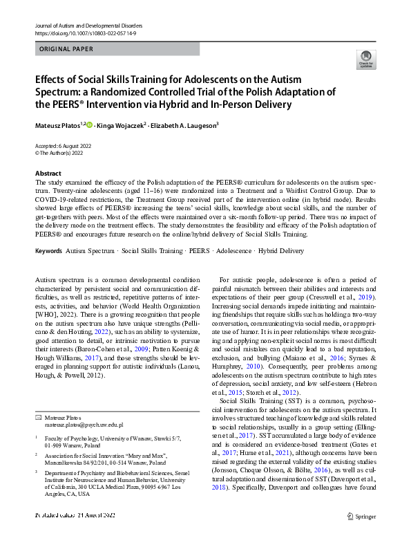 (PDF) Effects of Social Skills Training for Adolescents on the Autism ...