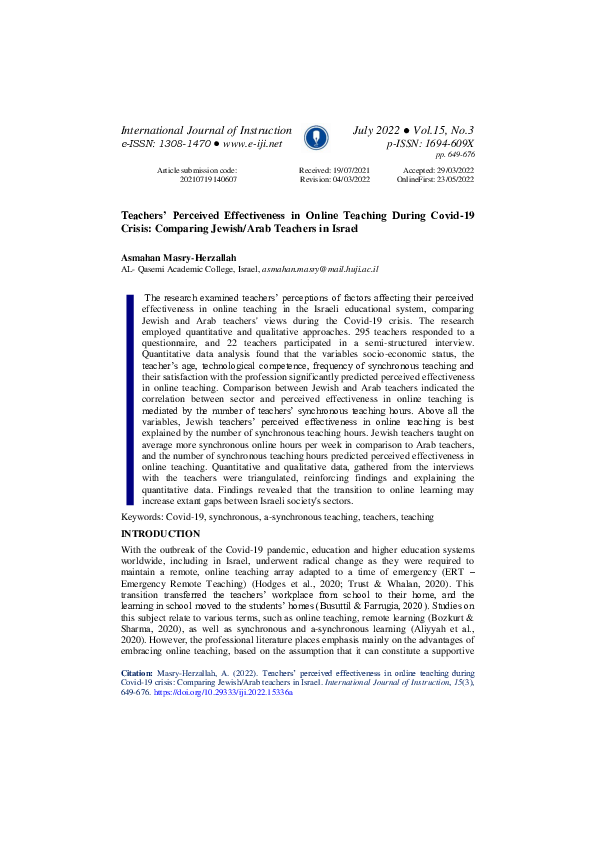 (PDF) Teachers’ Perceived Effectiveness in Online Teaching During Covid ...