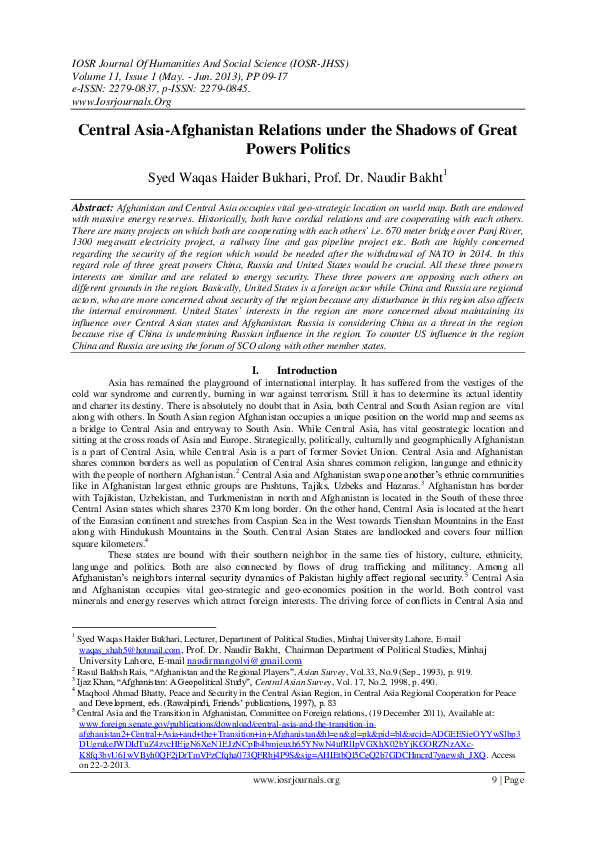 (PDF) Central Asia-Afghanistan Relations under the Shadows of Great ...