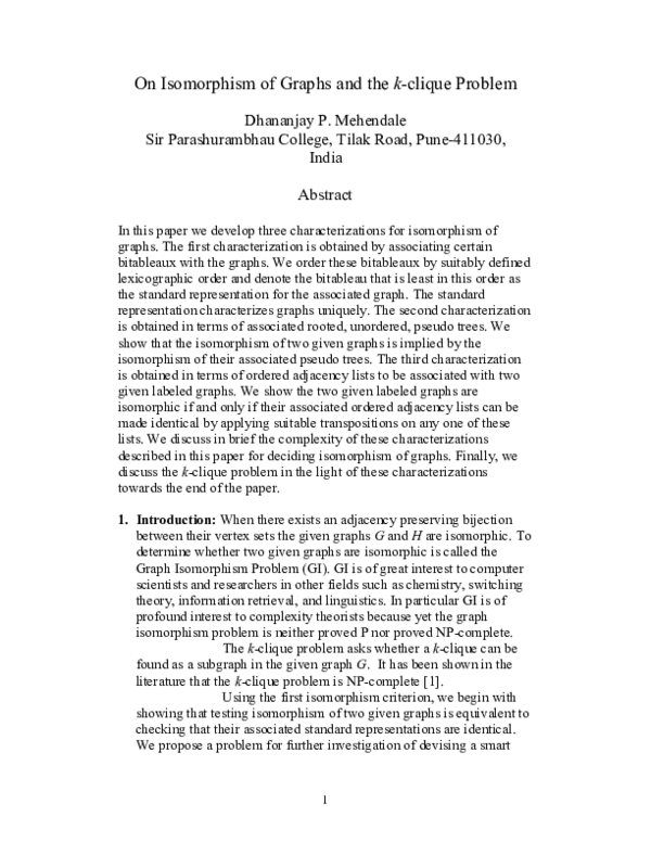 (PDF) On Isomorphism of Graphs and the k-clique Problem