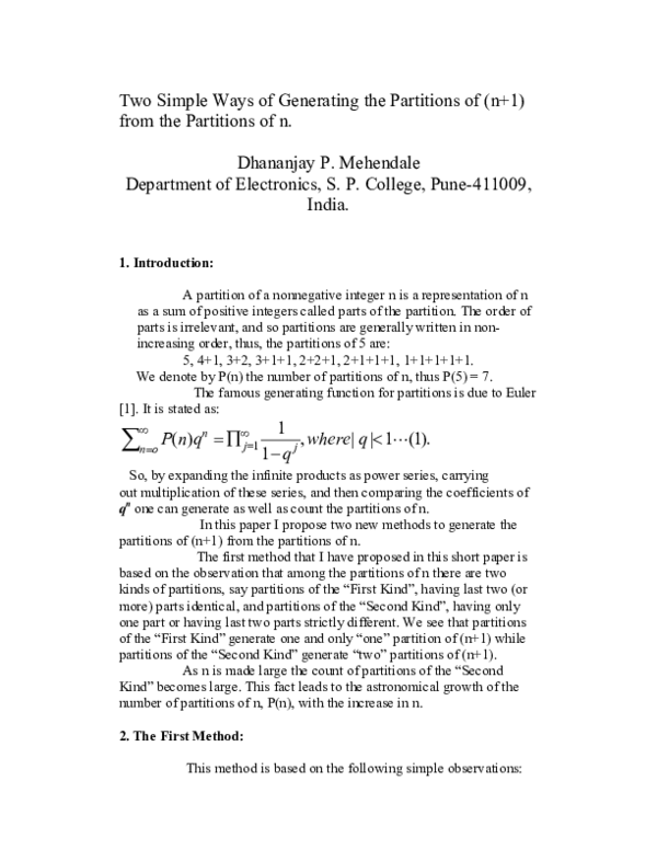 (PDF) Two Simple Ways of Generating the Partitions of (n+1) from the