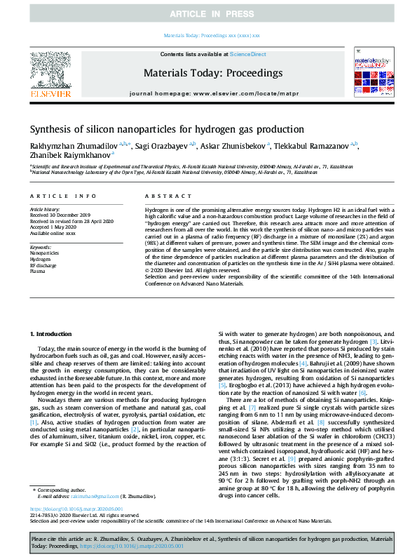 (PDF) Synthesis of silicon nanoparticles for hydrogen gas production