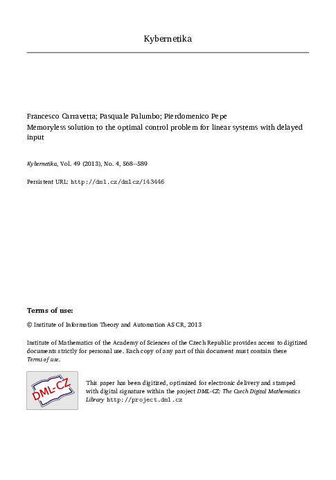 (PDF) Memoryless solution to the optimal control problem for linear ...