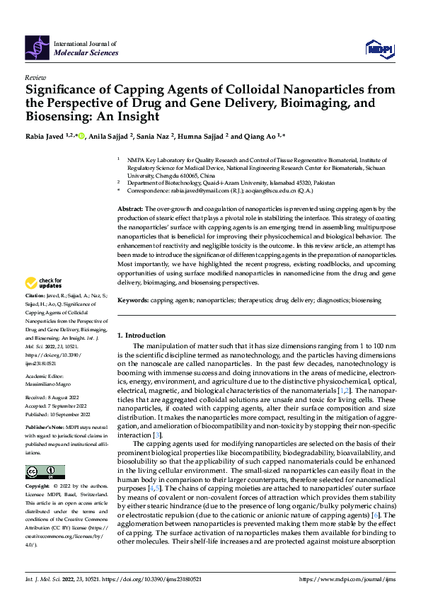 (PDF) Significance of Capping Agents of Colloidal Nanoparticles from ...