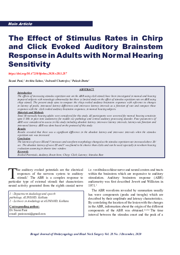 (PDF) Effect of Stimulus Rates in Chirp and Click Evoked Auditory ...