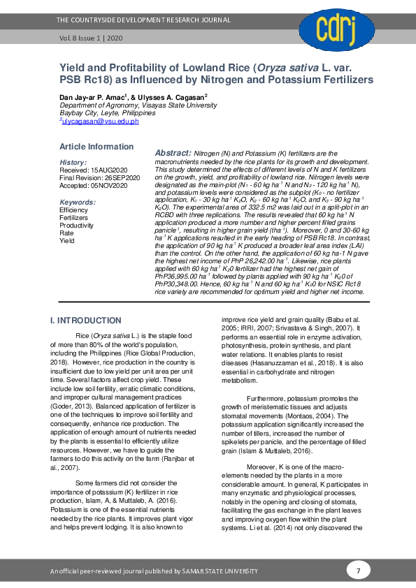 (PDF) Yield and Profitability of Lowland Rice (Oryza sativa L. var. PSB ...
