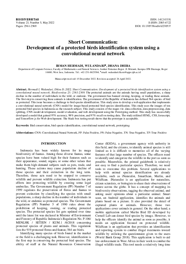(PDF) Development of a protected birds identification system using a