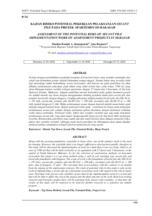 (PDF) Kajian Risiko Potensial Pekerjaan Pelaksanaan Secant Pile Pada ...