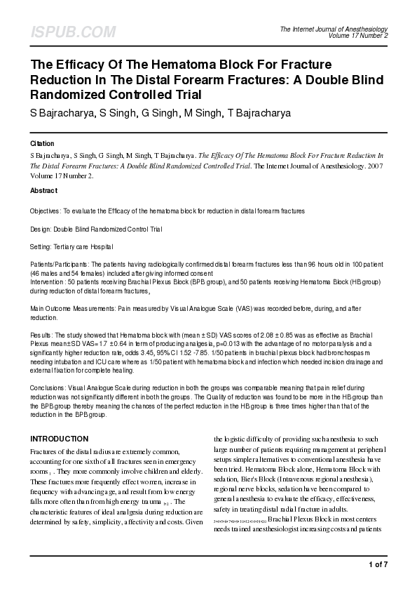 (PDF) The Efficacy Of The Hematoma Block For Fracture Reduction In The