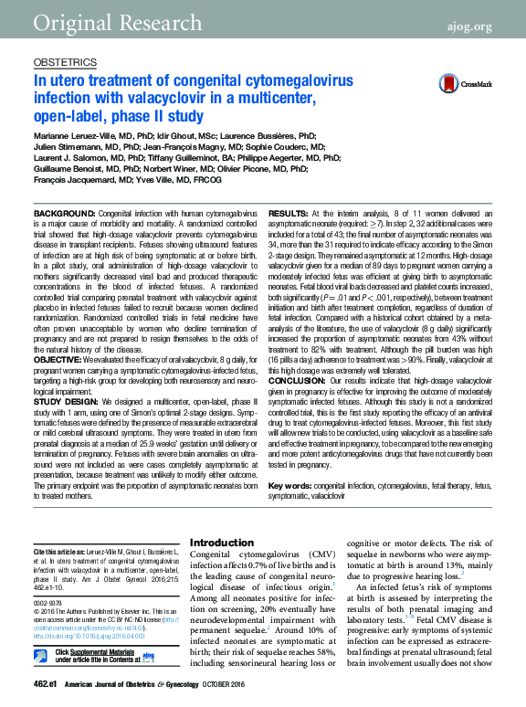 (PDF) In utero treatment of congenital cytomegalovirus infection with ...