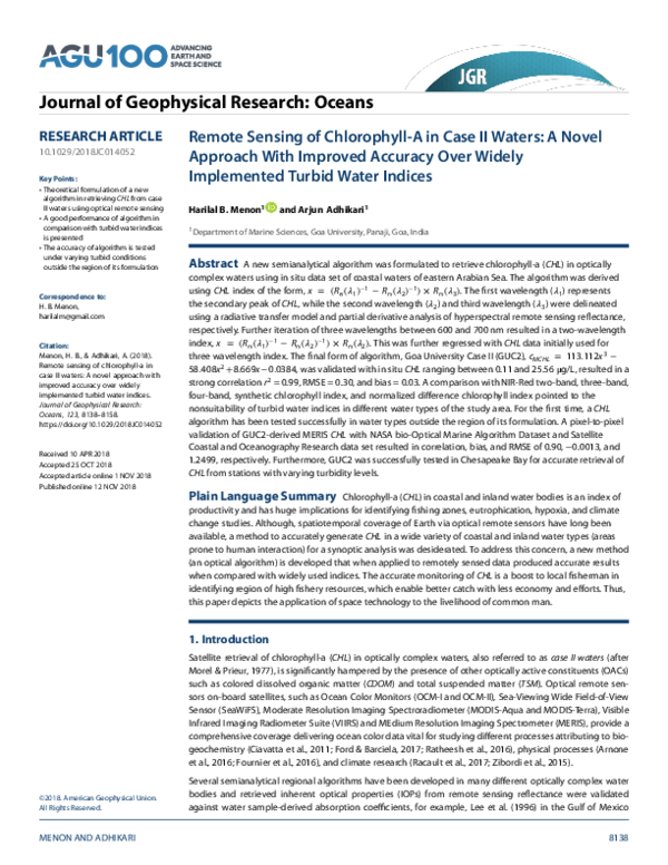 (PDF) Remote Sensing of Chlorophyll-A in Case II Waters: A Novel ...