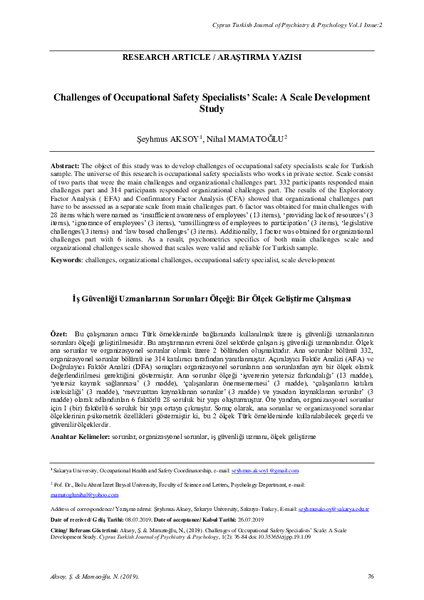 (PDF) Challenges of Occupational Safety Specialists’ Scale: A Scale ...