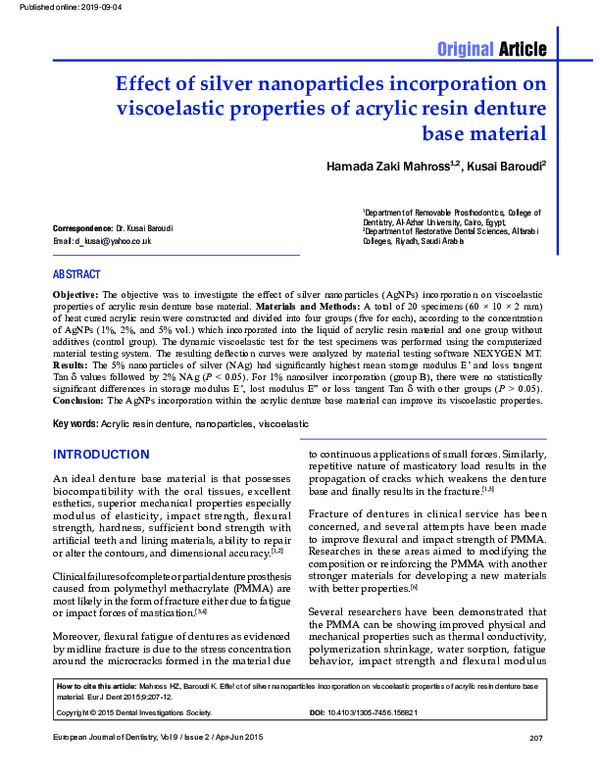 (PDF) Effect of silver nanoparticles incorporation on viscoelastic