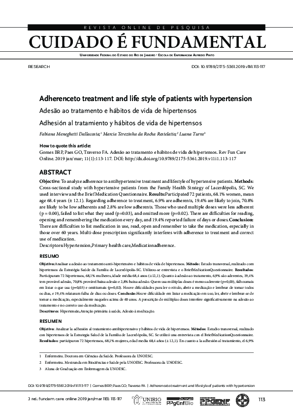 (PDF) Adherenceto treatment and life style of patients with ...