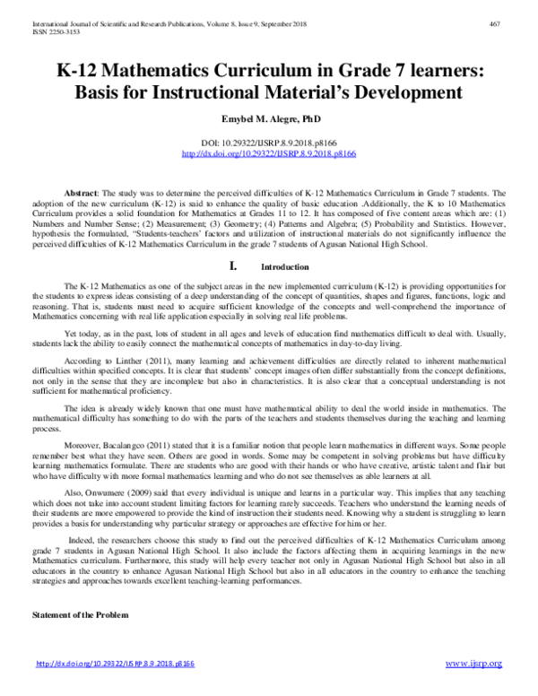 (PDF) K12 Mathematics Curriculum in Grade 7 learners Basis for