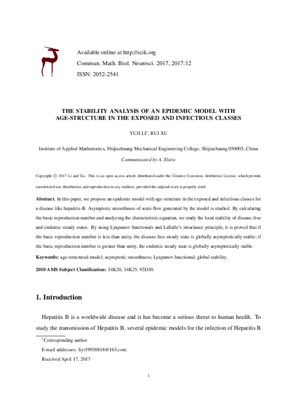 (PDF) The stability analysis of an epidemic model with age-structure in ...