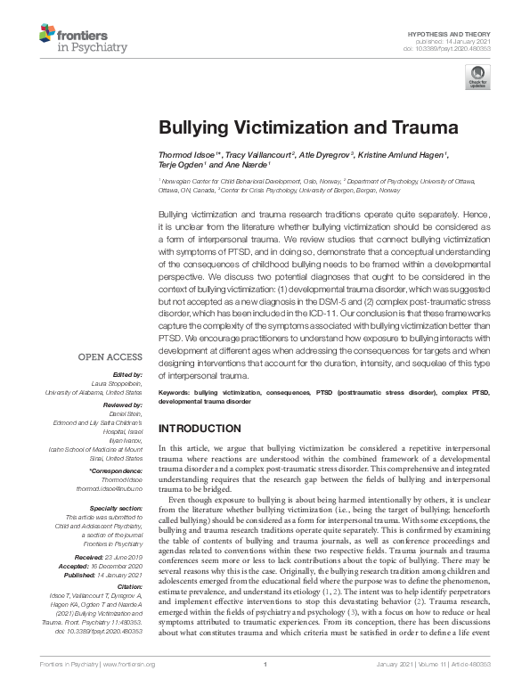 (PDF) Bullying Victimization and Trauma Thormod Idsoe Academia.edu