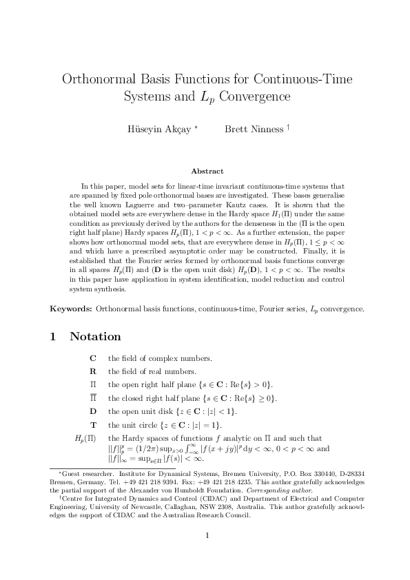 (PDF) Orthonormal Basis Functions for Continuous-Time Systems and Lp ...
