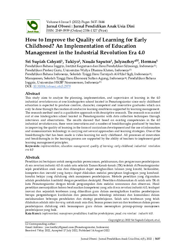(PDF) How to Improve the Quality of Learning for Early Childhood? An ...