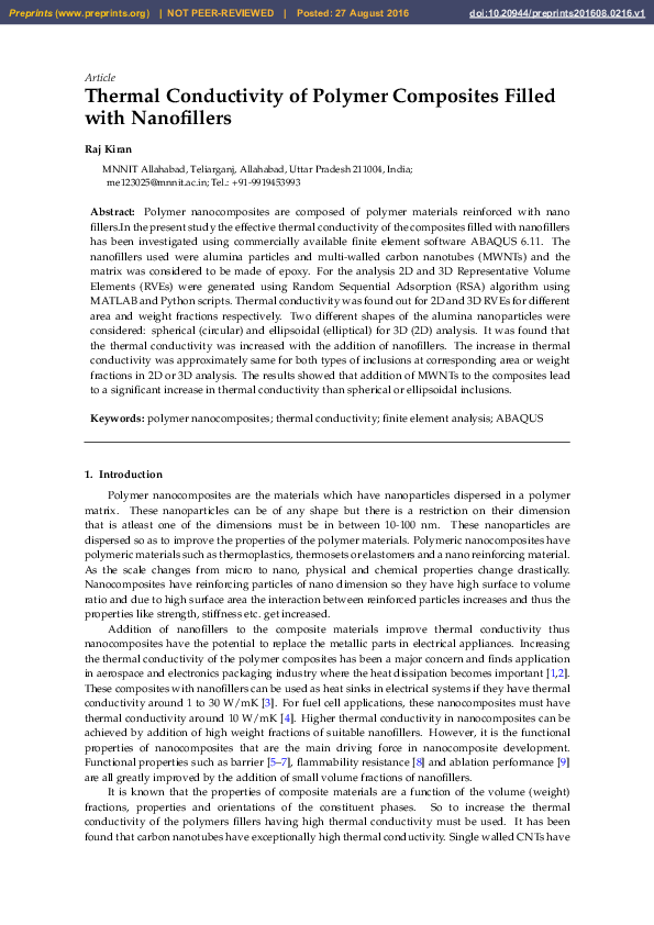 (PDF) Thermal Conductivity of Polymer Composites Filled with Nanofillers