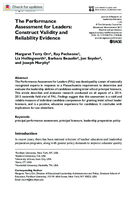 (PDF) The Performance Assessment for Leaders: Construct Validity and ...