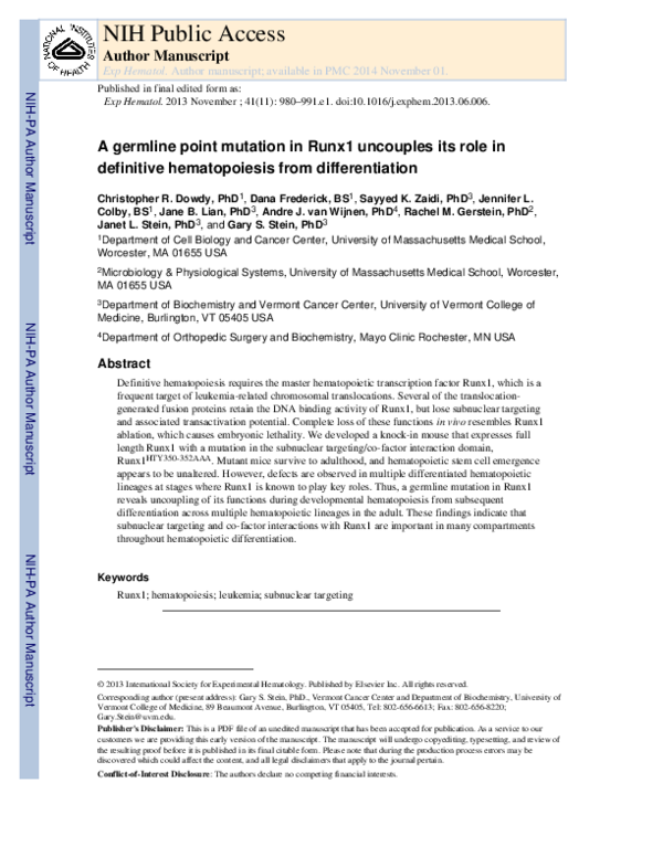 (PDF) A germline point mutation in Runx1 uncouples its role in ...