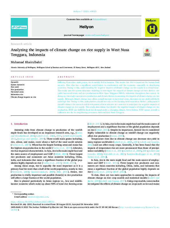 (PDF) Analyzing the impacts of climate change on rice supply in West ...