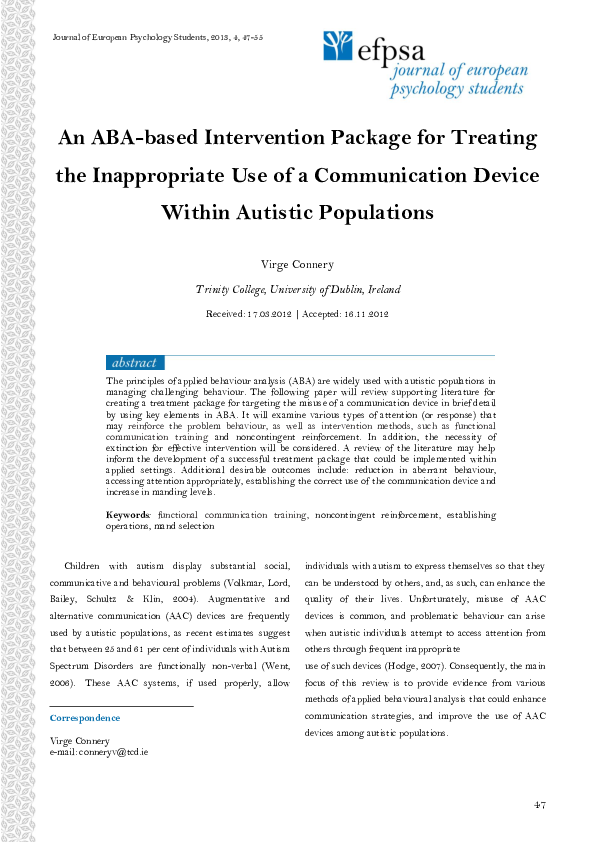 (PDF) An ABA-based Intervention Package for Treating the Inappropriate ...