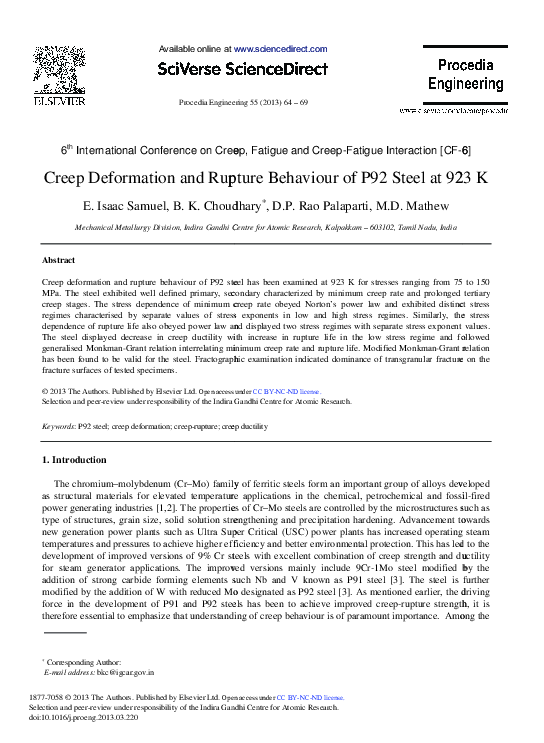 (PDF) Creep Deformation and Rupture Behaviour of P92 Steel at 923 K