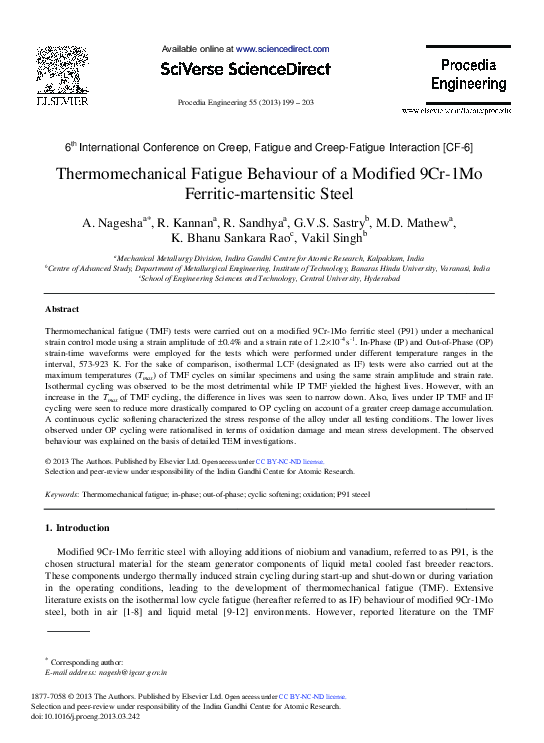 (PDF) Thermomechanical Fatigue Behaviour of a Modified 9Cr-1Mo Ferritic ...